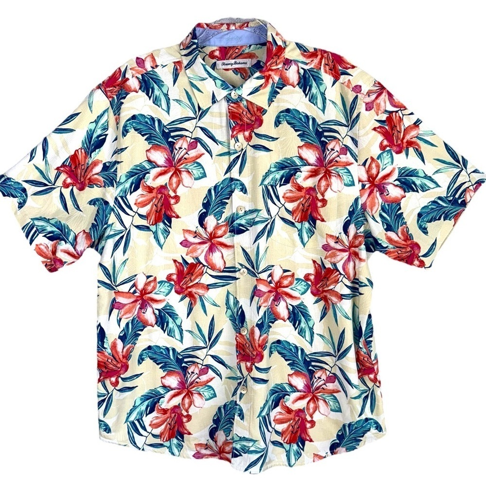 Tommy Bahama Mens Large 100% Silk Floral Short Sleeve Camp‎ Shirt Ivory NWOT